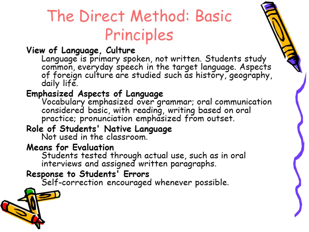 The Direct Method: Basic Principles View of Language, Culture Language is primary spoken, not